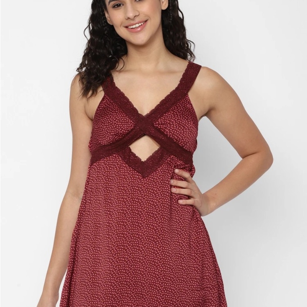 American Eagle Burgundy Silky Cut-out Printed Lace Mini Dress - Picture 2 of 10